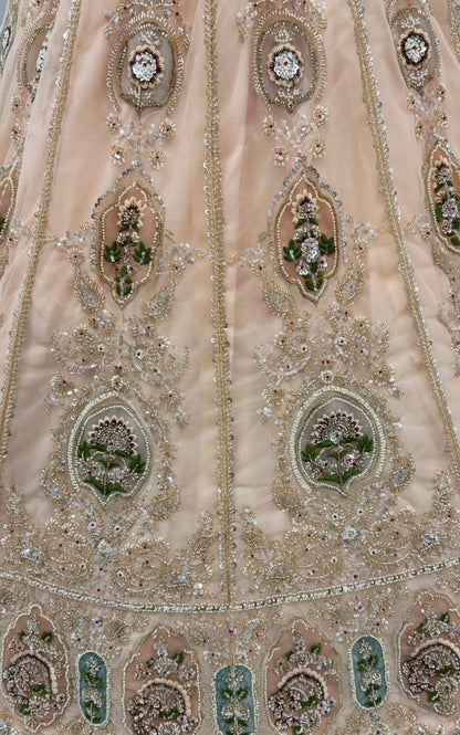 Peach Pure Premium Net Handwork Motif Crystal Patch Multi Thread &amp; Sequins Work Bridal Lehenga Choli