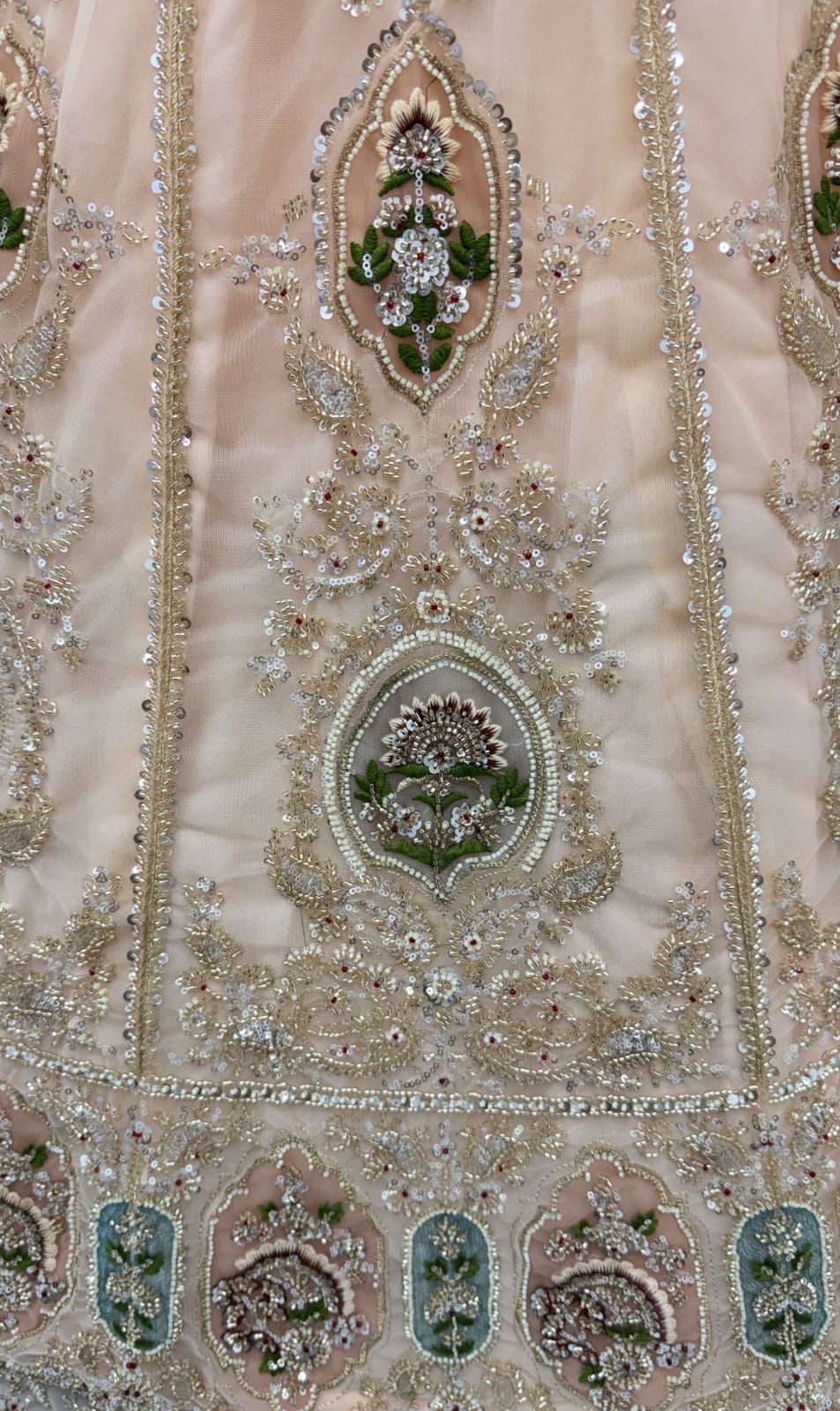 Peach Pure Premium Net Handwork Motif Crystal Patch Multi Thread &amp; Sequins Work Bridal Lehenga Choli