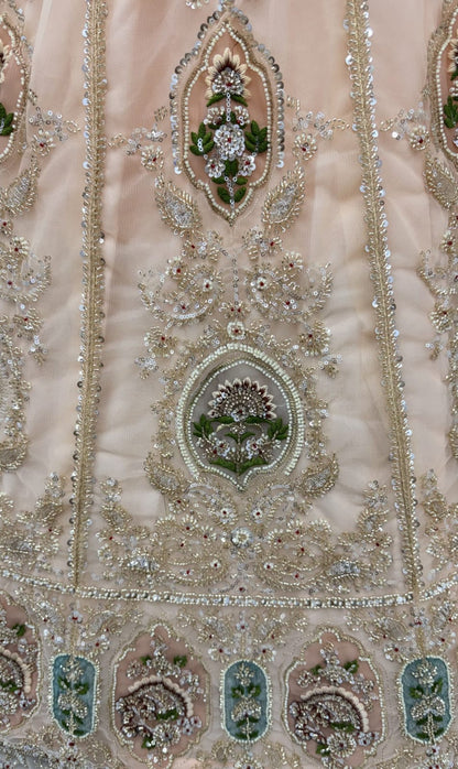 Peach Pure Premium Net Handwork Motif Crystal Patch Multi Thread &amp; Sequins Work Bridal Lehenga Choli