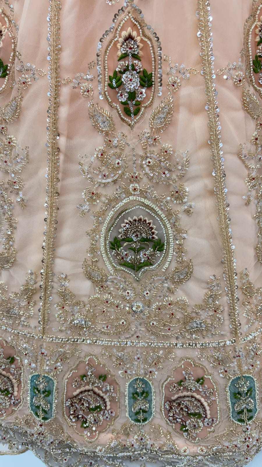 Peach Pure Premium Net Handwork Motif Crystal Patch Multi Thread &amp; Sequins Work Bridal Lehenga Choli