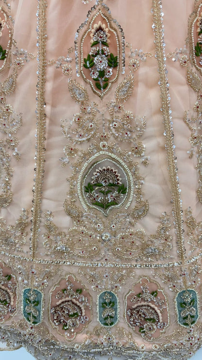 Peach Pure Premium Net Handwork Motif Crystal Patch Multi Thread &amp; Sequins Work Bridal Lehenga Choli