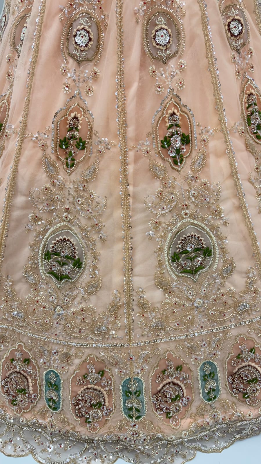 Peach Pure Premium Net Handwork Motif Crystal Patch Multi Thread &amp; Sequins Work Bridal Lehenga Choli