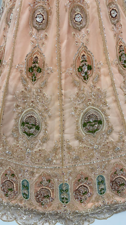 Peach Pure Premium Net Handwork Motif Crystal Patch Multi Thread &amp; Sequins Work Bridal Lehenga Choli