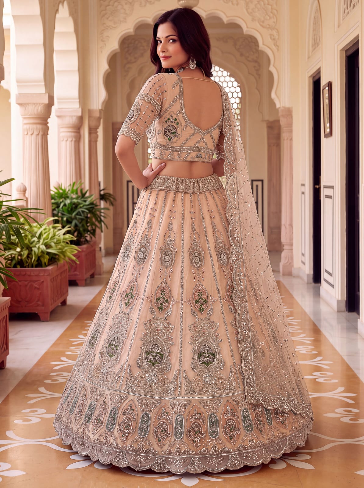 Peach Pure Premium Net Handwork Motif Crystal Patch Multi Thread &amp; Sequins Work Bridal Lehenga Choli