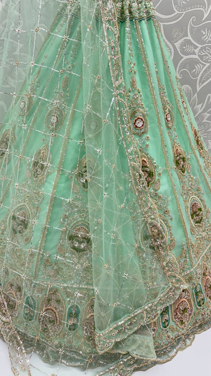 Sea Green Pure Premium Net Handwork Motif Crystal Patch Multi Thread &amp; Sequins Work Bridal Lehenga Choli
