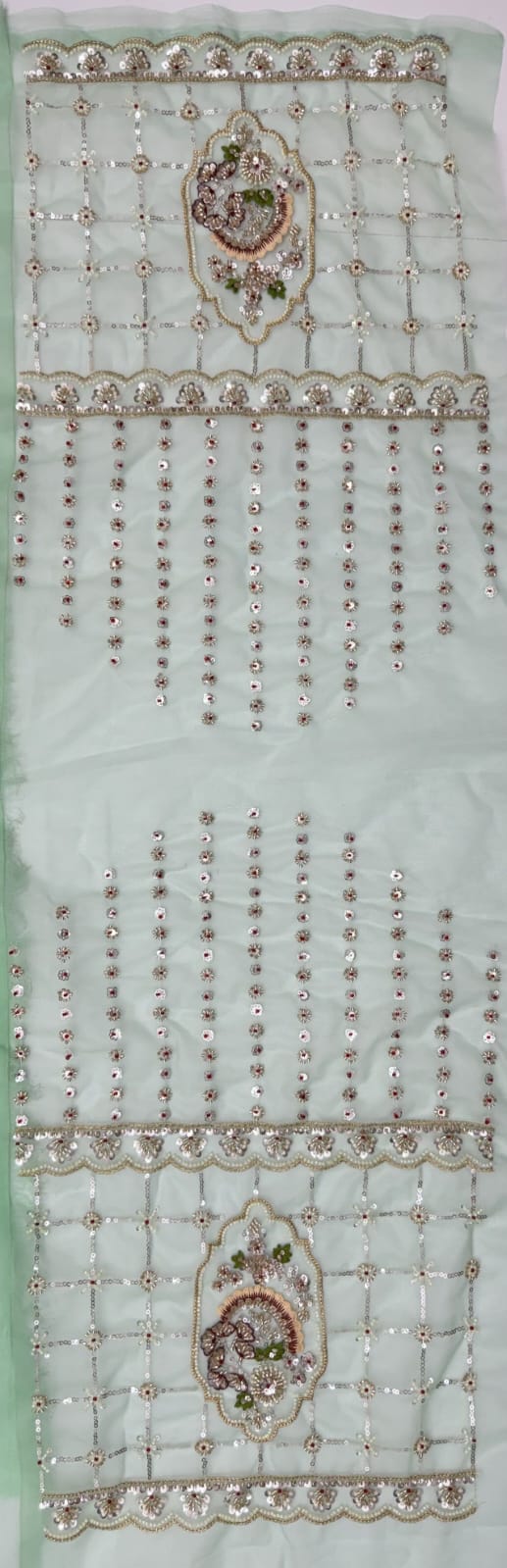Sea Green Pure Premium Net Handwork Motif Crystal Patch Multi Thread &amp; Sequins Work Bridal Lehenga Choli