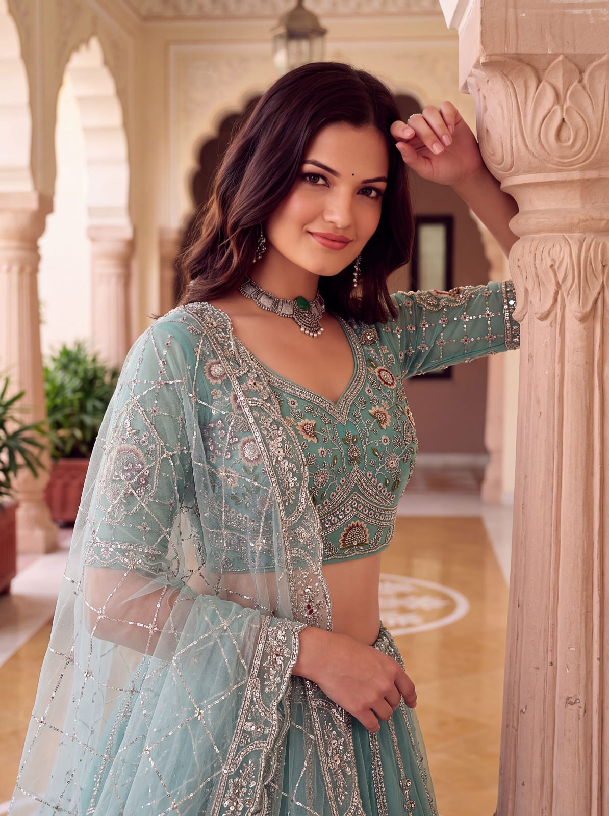 Sea Green Pure Premium Net Handwork Motif Crystal Patch Multi Thread &amp; Sequins Work Bridal Lehenga Choli