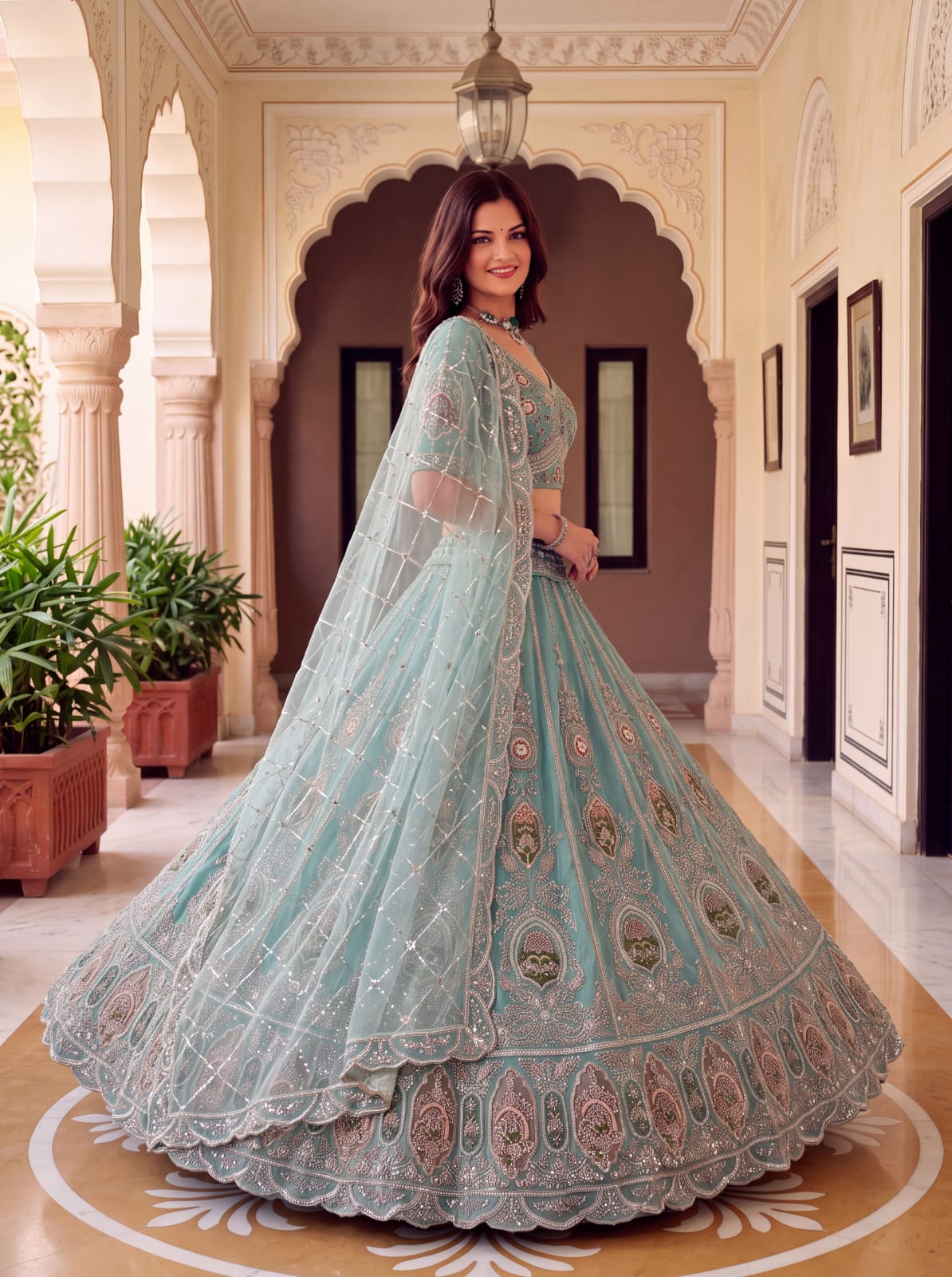 Sea Green Pure Premium Net Handwork Motif Crystal Patch Multi Thread &amp; Sequins Work Bridal Lehenga Choli