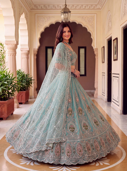 Sea Green Pure Premium Net Handwork Motif Crystal Patch Multi Thread &amp; Sequins Work Bridal Lehenga Choli