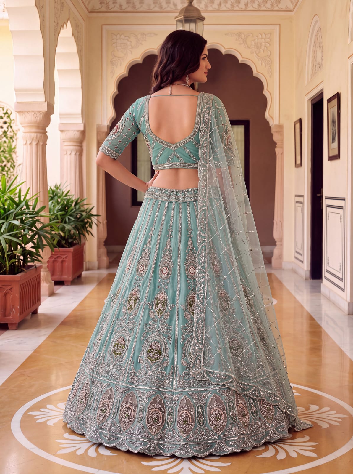 Sea Green Pure Premium Net Handwork Motif Crystal Patch Multi Thread &amp; Sequins Work Bridal Lehenga Choli