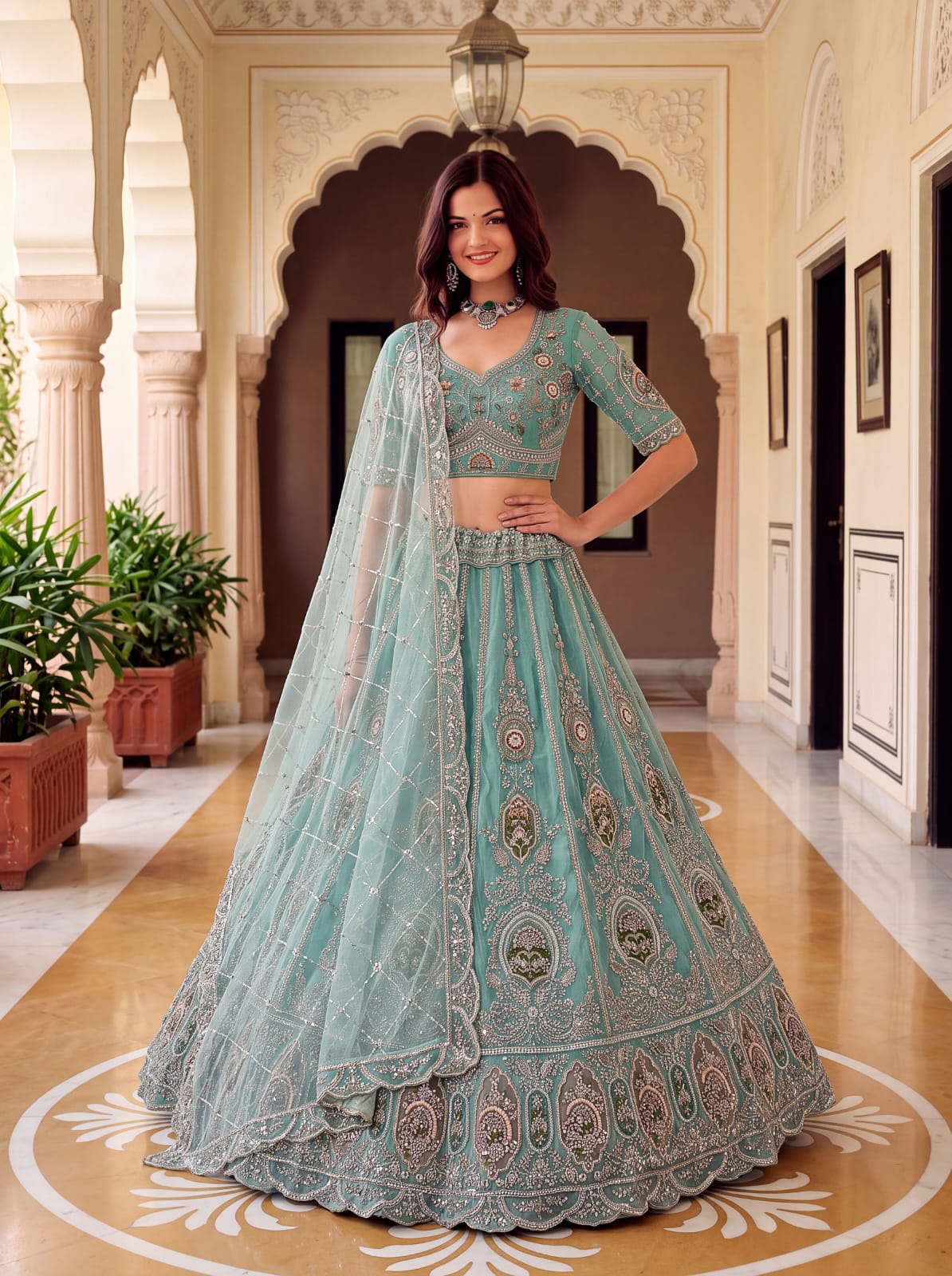 Sea Green Pure Premium Net Handwork Motif Crystal Patch Multi Thread &amp; Sequins Work Bridal Lehenga Choli