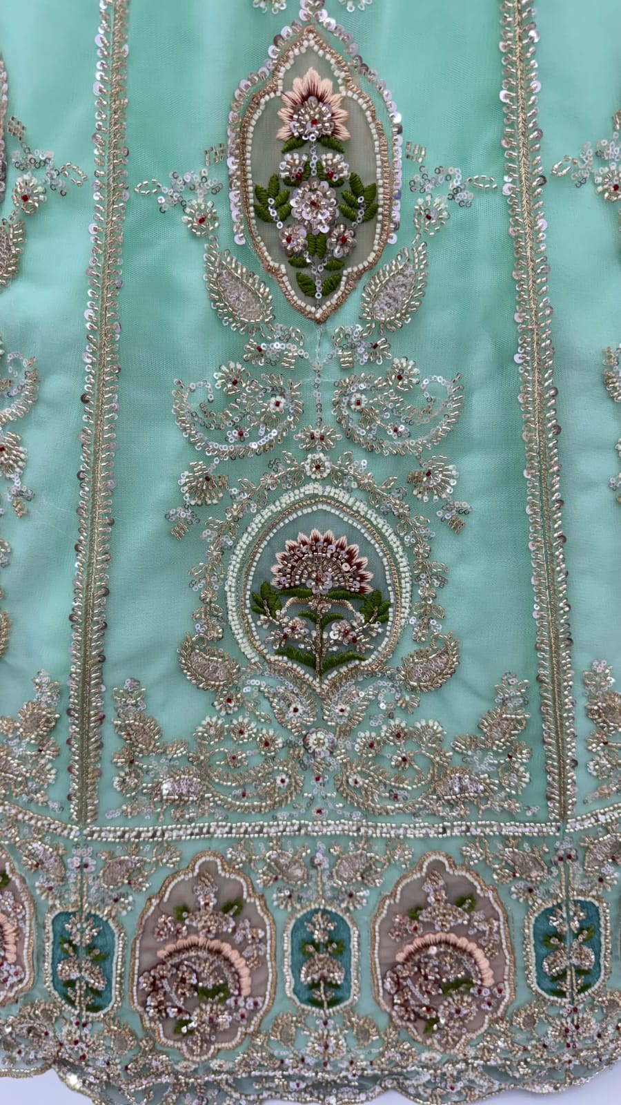 Sea Green Pure Premium Net Handwork Motif Crystal Patch Multi Thread &amp; Sequins Work Bridal Lehenga Choli