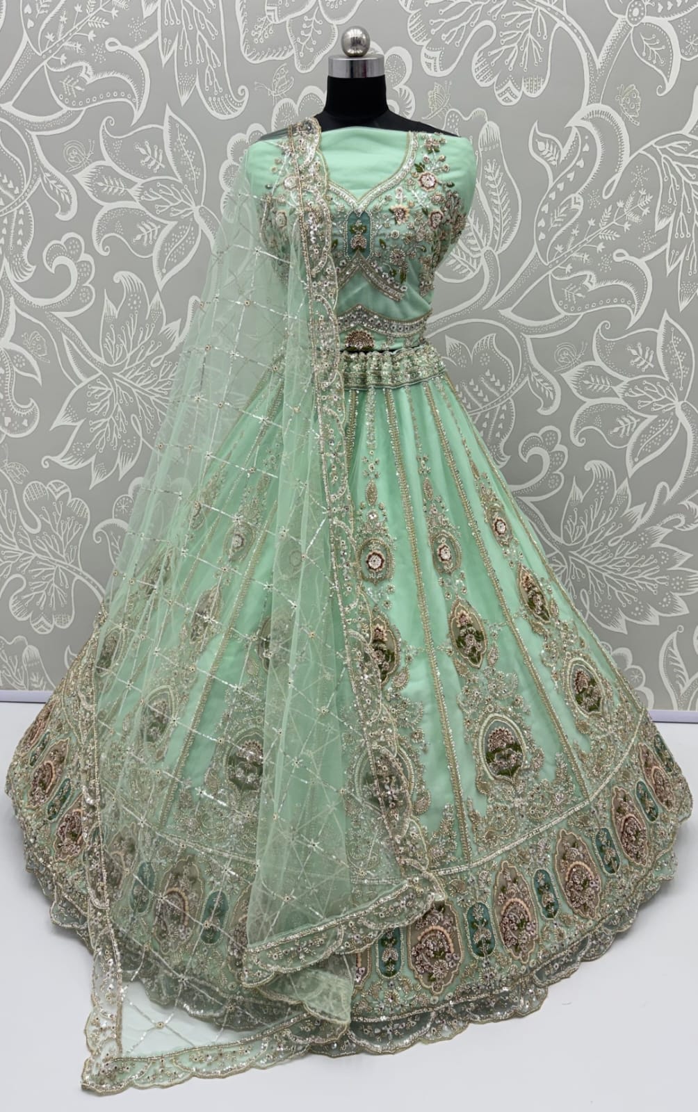 Sea Green Pure Premium Net Handwork Motif Crystal Patch Multi Thread &amp; Sequins Work Bridal Lehenga Choli
