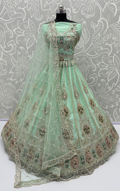 Sea Green Pure Premium Net Handwork Motif Crystal Patch Multi Thread &amp; Sequins Work Bridal Lehenga Choli