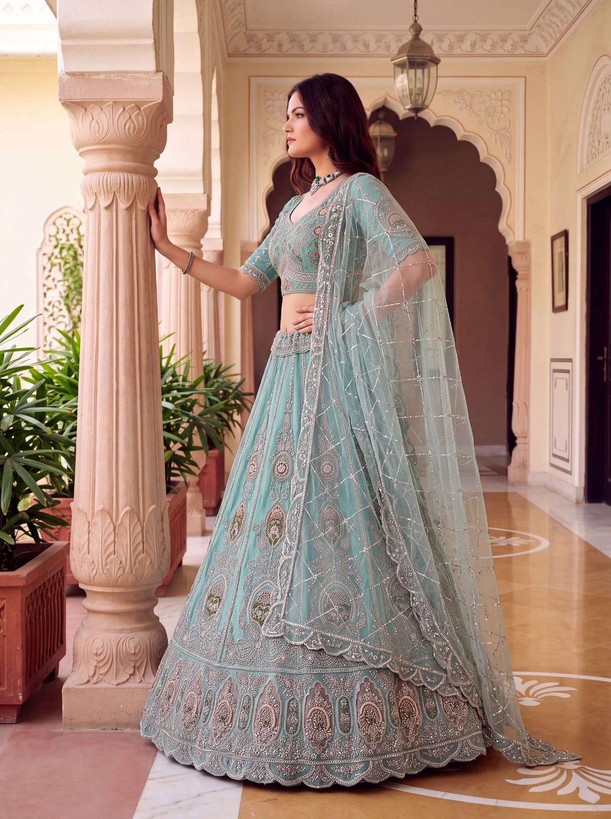 Sea Green Pure Premium Net Handwork Motif Crystal Patch Multi Thread &amp; Sequins Work Bridal Lehenga Choli