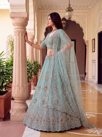 Sea Green Pure Premium Net Handwork Motif Crystal Patch Multi Thread &amp; Sequins Work Bridal Lehenga Choli