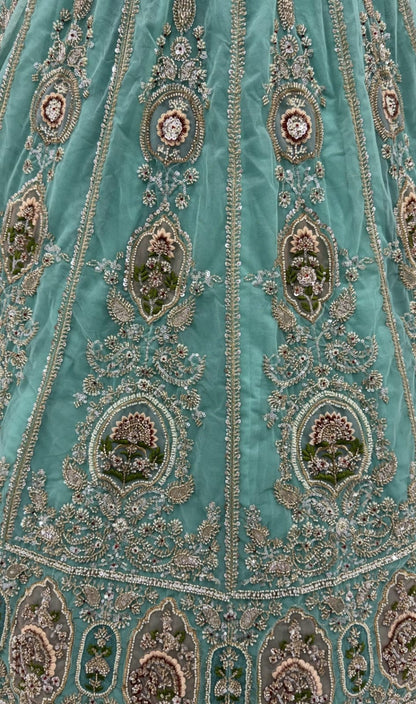 Sea Green Pure Premium Net Handwork Motif Crystal Patch Multi Thread &amp; Sequins Work Bridal Lehenga Choli