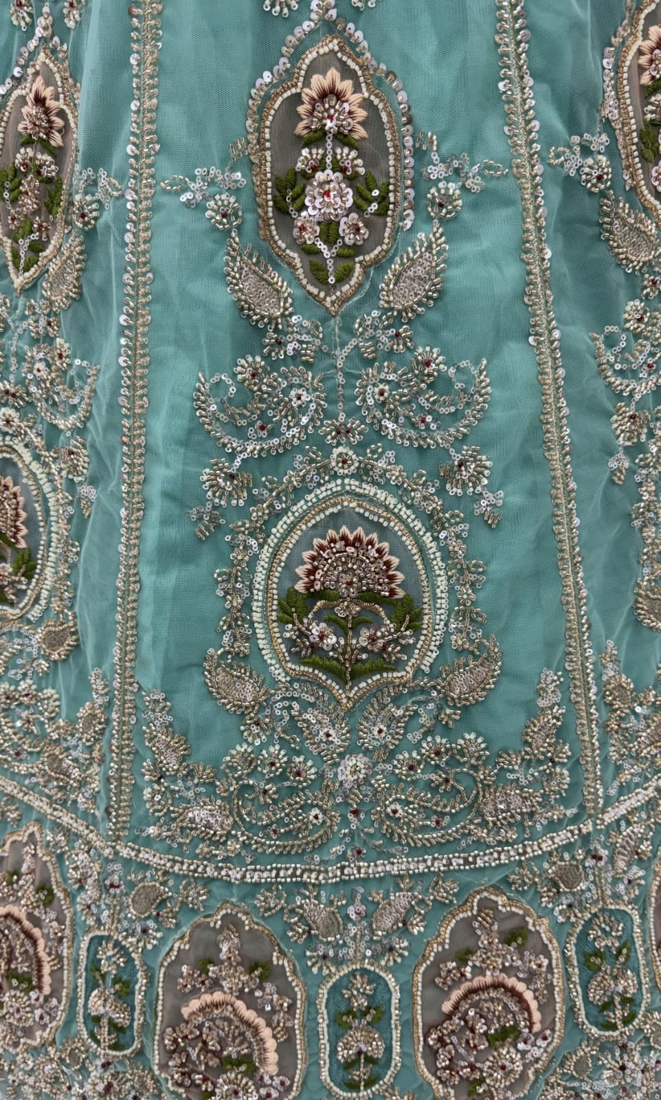 Sea Green Pure Premium Net Handwork Motif Crystal Patch Multi Thread &amp; Sequins Work Bridal Lehenga Choli