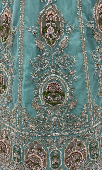 Sea Green Pure Premium Net Handwork Motif Crystal Patch Multi Thread &amp; Sequins Work Bridal Lehenga Choli