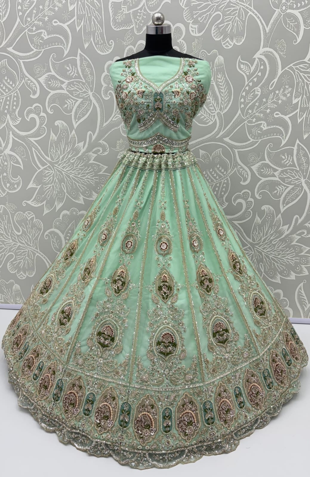 Sea Green Pure Premium Net Handwork Motif Crystal Patch Multi Thread &amp; Sequins Work Bridal Lehenga Choli