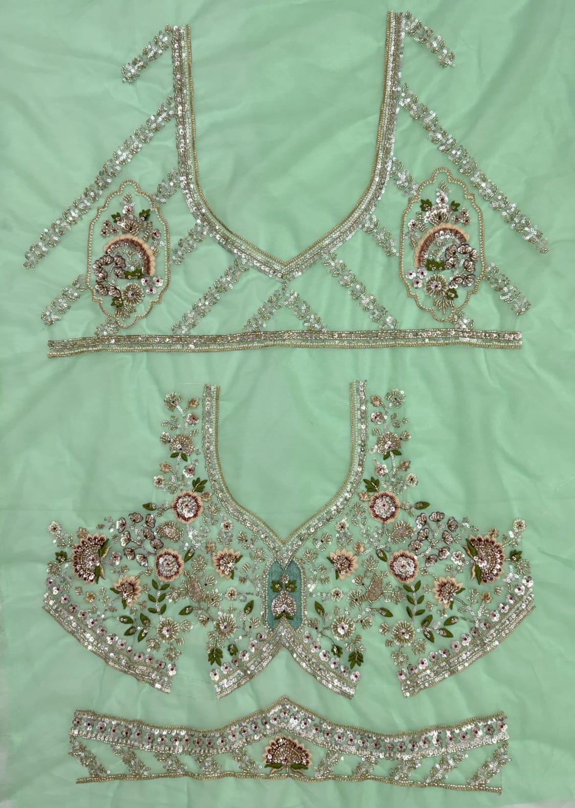 Sea Green Pure Premium Net Handwork Motif Crystal Patch Multi Thread &amp; Sequins Work Bridal Lehenga Choli