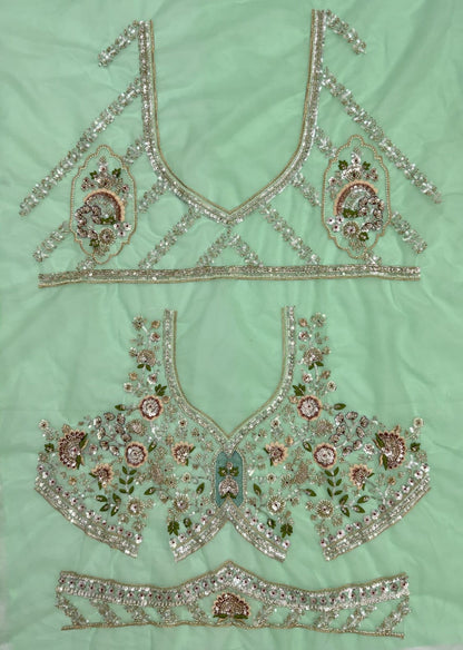 Sea Green Pure Premium Net Handwork Motif Crystal Patch Multi Thread &amp; Sequins Work Bridal Lehenga Choli