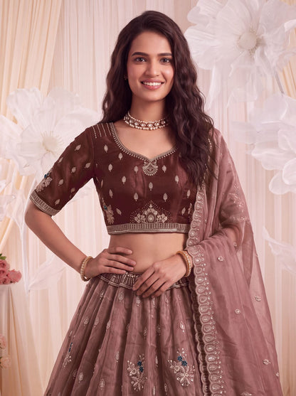 Mauve Pure Chandnia Silk Handwork Motif Crystal Beads Multi Thread Sequins Work Bridal Lehenga Choli