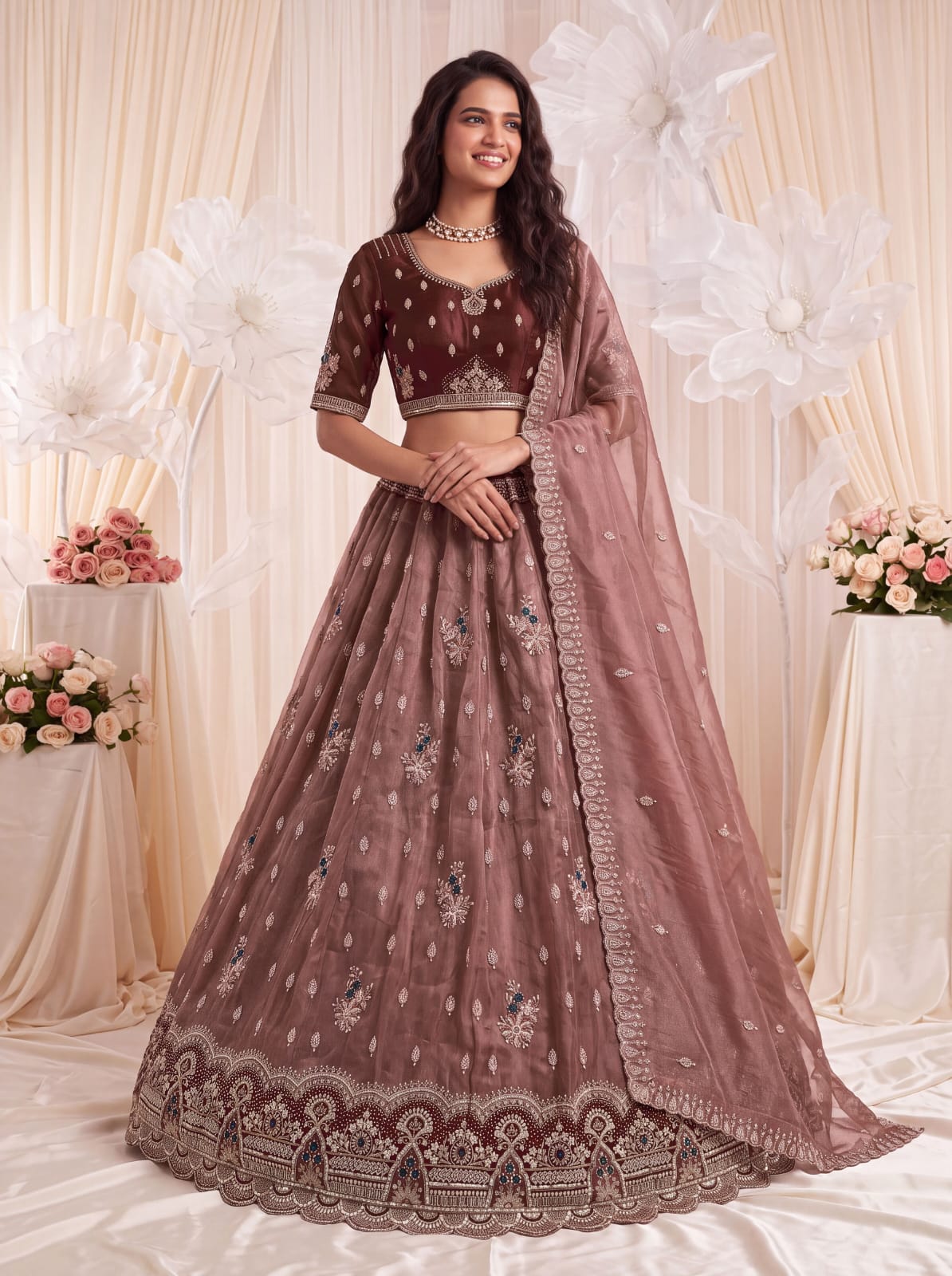 Mauve Pure Chandnia Silk Handwork Motif Crystal Beads Multi Thread Sequins Work Bridal Lehenga Choli