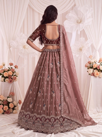 Mauve Pure Chandnia Silk Handwork Motif Crystal Beads Multi Thread Sequins Work Bridal Lehenga Choli