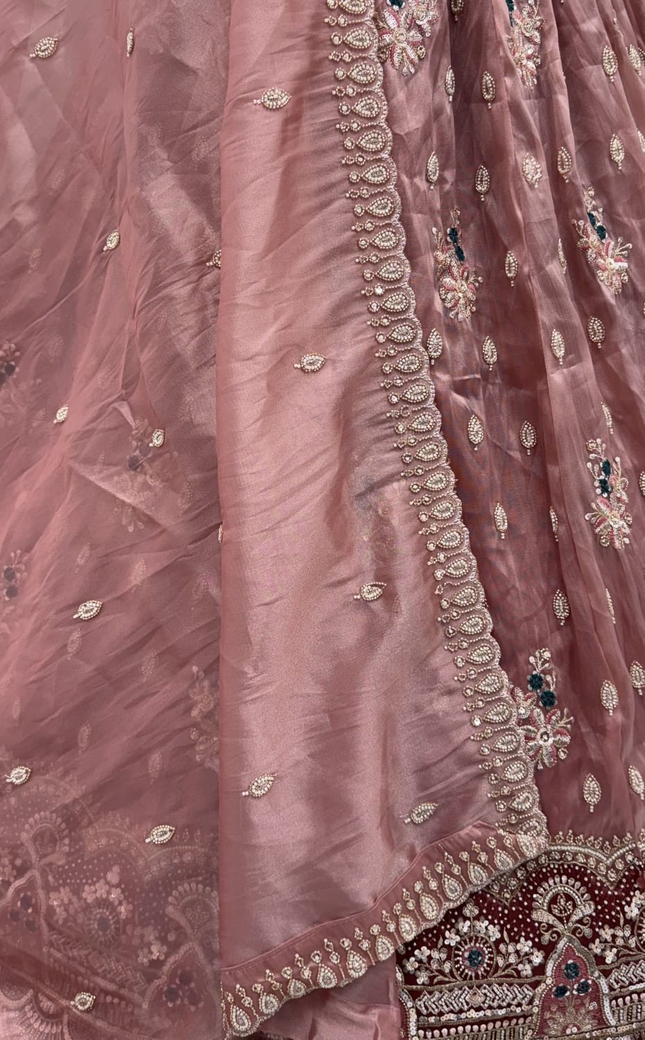 Mauve Pure Chandnia Silk Handwork Motif Crystal Beads Multi Thread Sequins Work Bridal Lehenga Choli