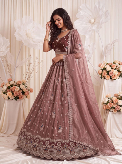 Mauve Pure Chandnia Silk Handwork Motif Crystal Beads Multi Thread Sequins Work Bridal Lehenga Choli