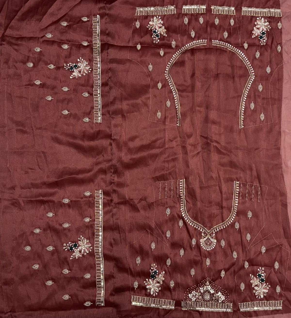 Mauve Pure Chandnia Silk Handwork Motif Crystal Beads Multi Thread Sequins Work Bridal Lehenga Choli