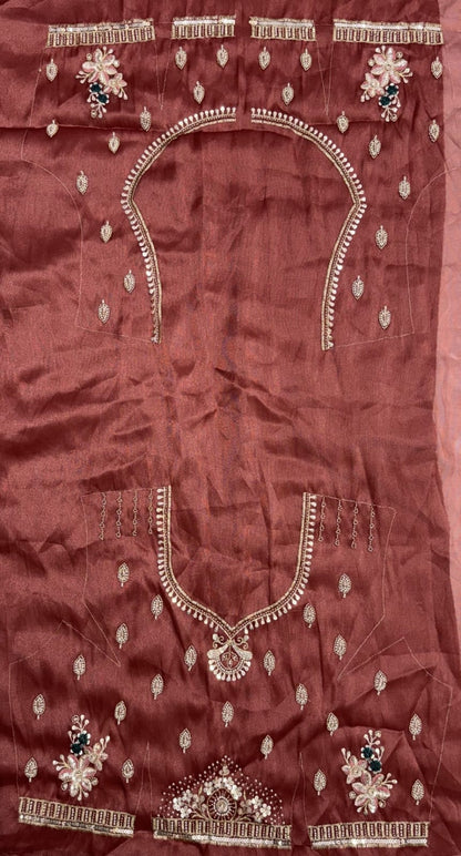 Mauve Pure Chandnia Silk Handwork Motif Crystal Beads Multi Thread Sequins Work Bridal Lehenga Choli
