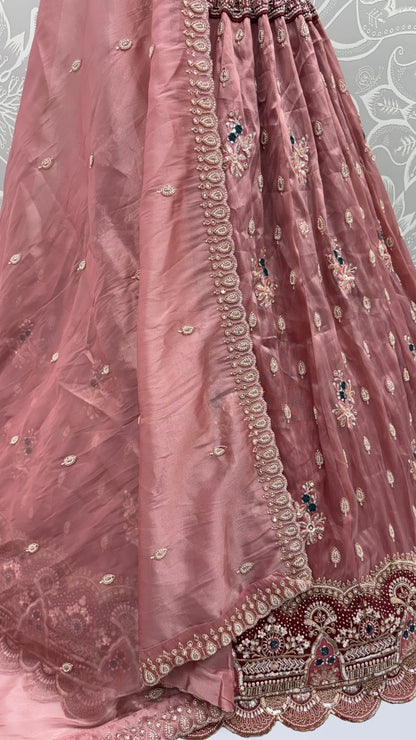 Mauve Pure Chandnia Silk Handwork Motif Crystal Beads Multi Thread Sequins Work Bridal Lehenga Choli