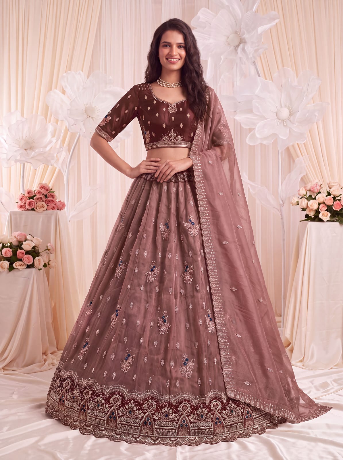 Mauve Pure Chandnia Silk Handwork Motif Crystal Beads Multi Thread Sequins Work Bridal Lehenga Choli