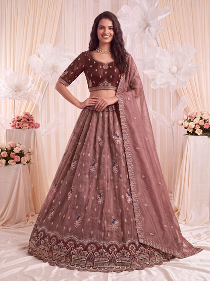 Mauve Pure Chandnia Silk Handwork Motif Crystal Beads Multi Thread Sequins Work Bridal Lehenga Choli