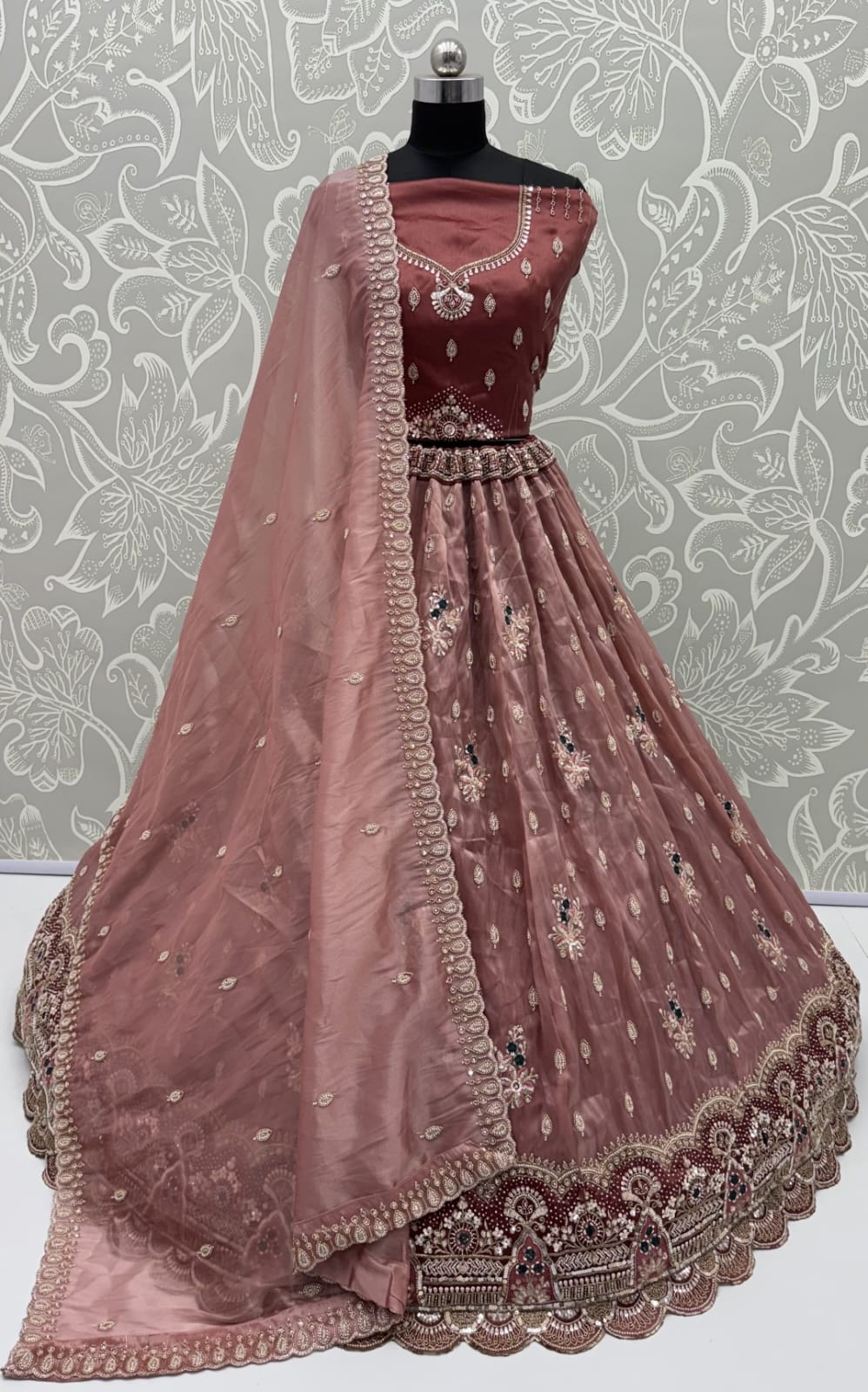 Mauve Pure Chandnia Silk Handwork Motif Crystal Beads Multi Thread Sequins Work Bridal Lehenga Choli