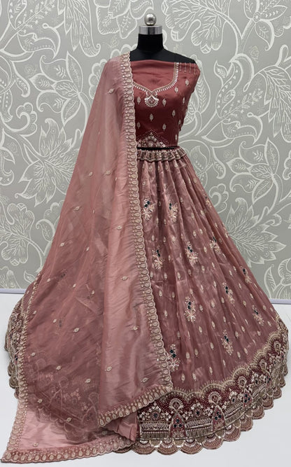 Mauve Pure Chandnia Silk Handwork Motif Crystal Beads Multi Thread Sequins Work Bridal Lehenga Choli