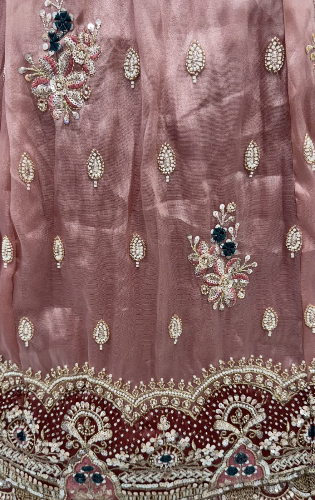Mauve Pure Chandnia Silk Handwork Motif Crystal Beads Multi Thread Sequins Work Bridal Lehenga Choli