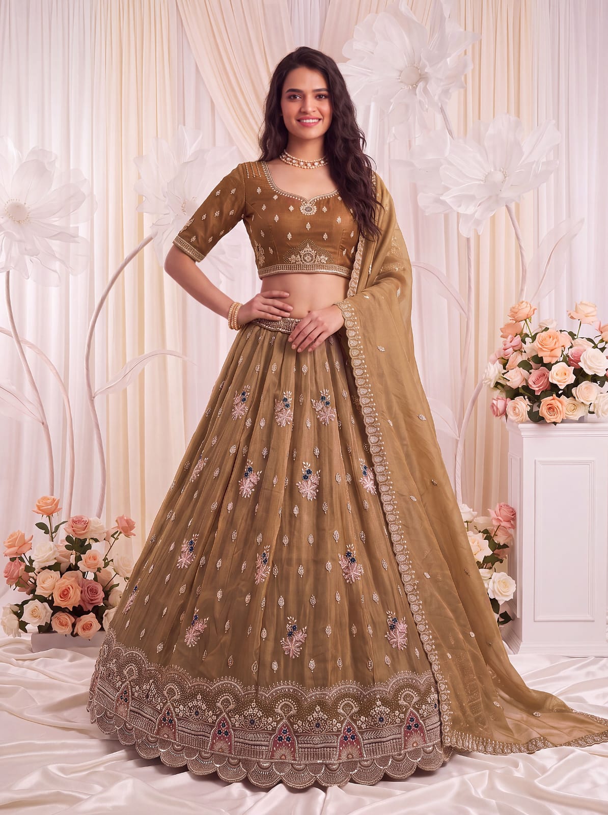 Gold Pure Chandnia Silk Handwork Motif Crystal Beads Multi Thread Sequins Work Bridal Lehenga Choli
