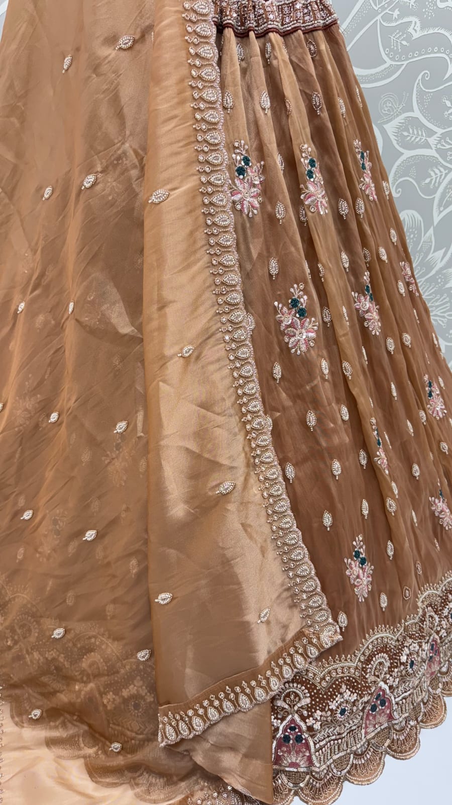 Gold Pure Chandnia Silk Handwork Motif Crystal Beads Multi Thread Sequins Work Bridal Lehenga Choli