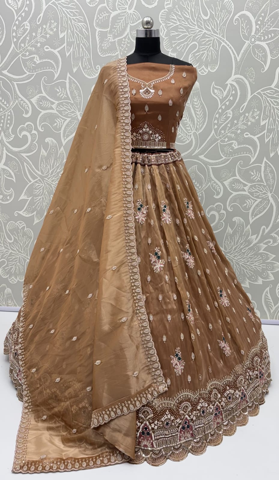 Gold Pure Chandnia Silk Handwork Motif Crystal Beads Multi Thread Sequins Work Bridal Lehenga Choli