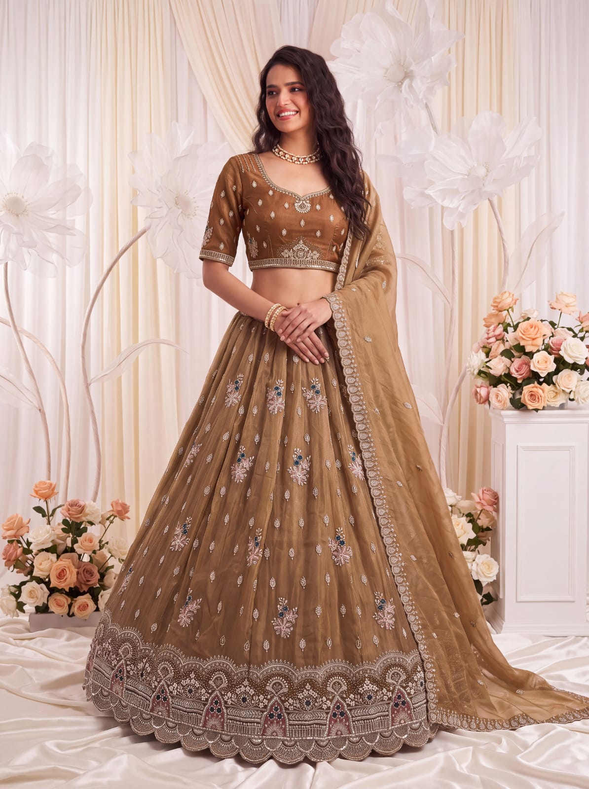 Gold Pure Chandnia Silk Handwork Motif Crystal Beads Multi Thread Sequins Work Bridal Lehenga Choli