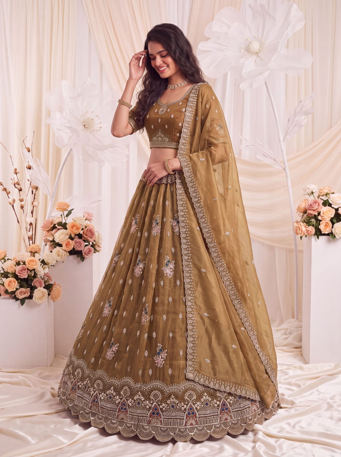 Gold Pure Chandnia Silk Handwork Motif Crystal Beads Multi Thread Sequins Work Bridal Lehenga Choli