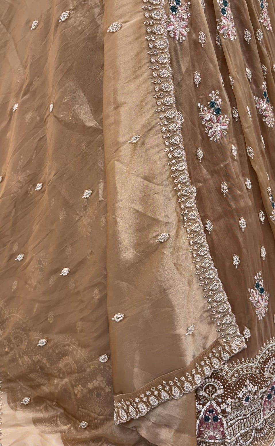 Gold Pure Chandnia Silk Handwork Motif Crystal Beads Multi Thread Sequins Work Bridal Lehenga Choli