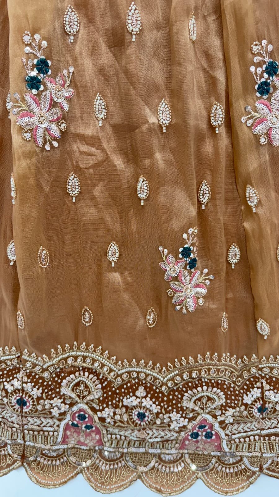 Gold Pure Chandnia Silk Handwork Motif Crystal Beads Multi Thread Sequins Work Bridal Lehenga Choli