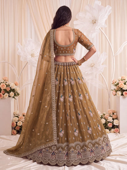 Gold Pure Chandnia Silk Handwork Motif Crystal Beads Multi Thread Sequins Work Bridal Lehenga Choli
