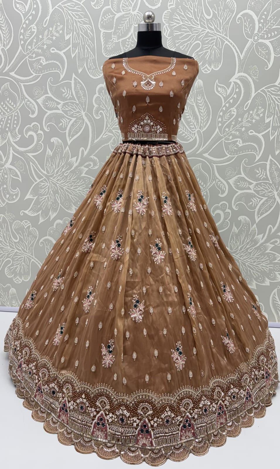 Gold Pure Chandnia Silk Handwork Motif Crystal Beads Multi Thread Sequins Work Bridal Lehenga Choli