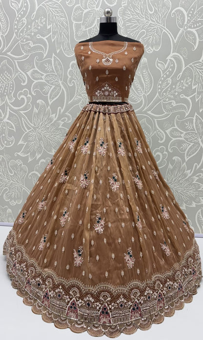 Gold Pure Chandnia Silk Handwork Motif Crystal Beads Multi Thread Sequins Work Bridal Lehenga Choli