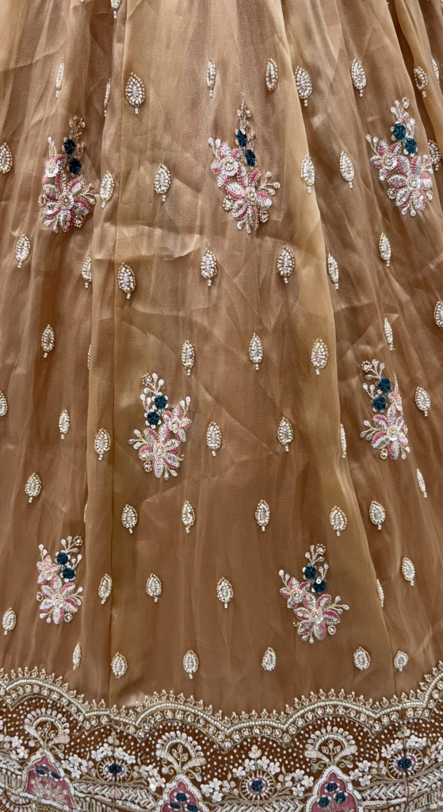 Gold Pure Chandnia Silk Handwork Motif Crystal Beads Multi Thread Sequins Work Bridal Lehenga Choli